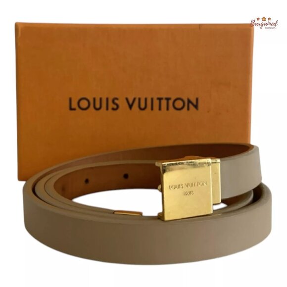 Authentic Louis Vuitton Beige Leather Ceinture Carre Gold Buckle Skinny Belt 32 main image 11
